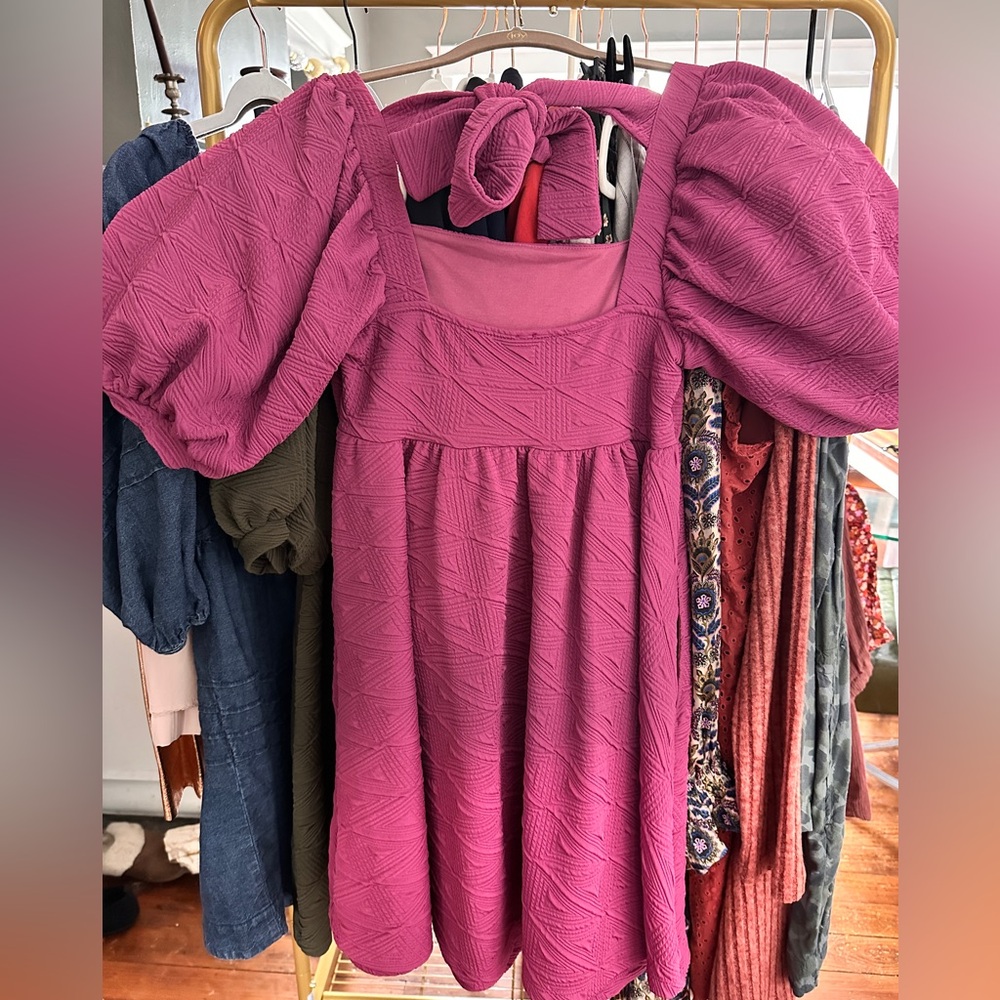 Free People ‘Violet’ Fuchsia Textured Puff-Sleeve Mini Dress